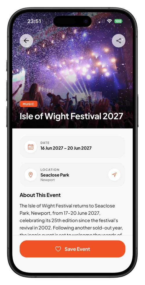 WightExplorer event detail screen for Isle of Wight Festival 2027