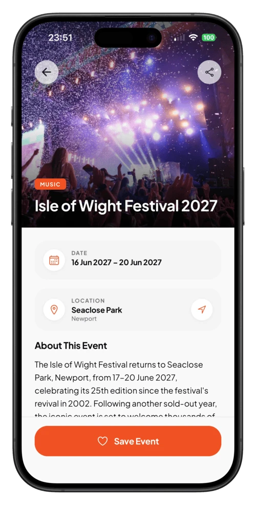 WightExplorer event detail screen for Isle of Wight Festival 2027