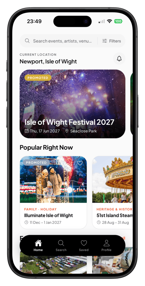 WightExplorer home screen listing events near Newport